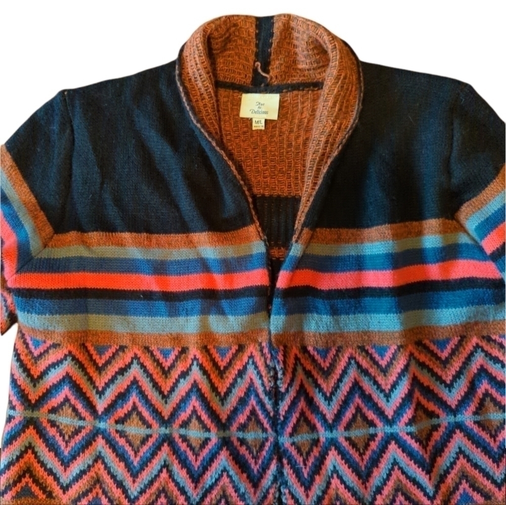 colorful tribal knit fringe Bohemian Festival long open duster/cardigan sz M - Picture 2 of 14